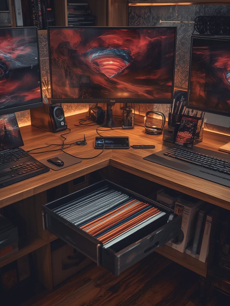 l shaped desk with drawers in action