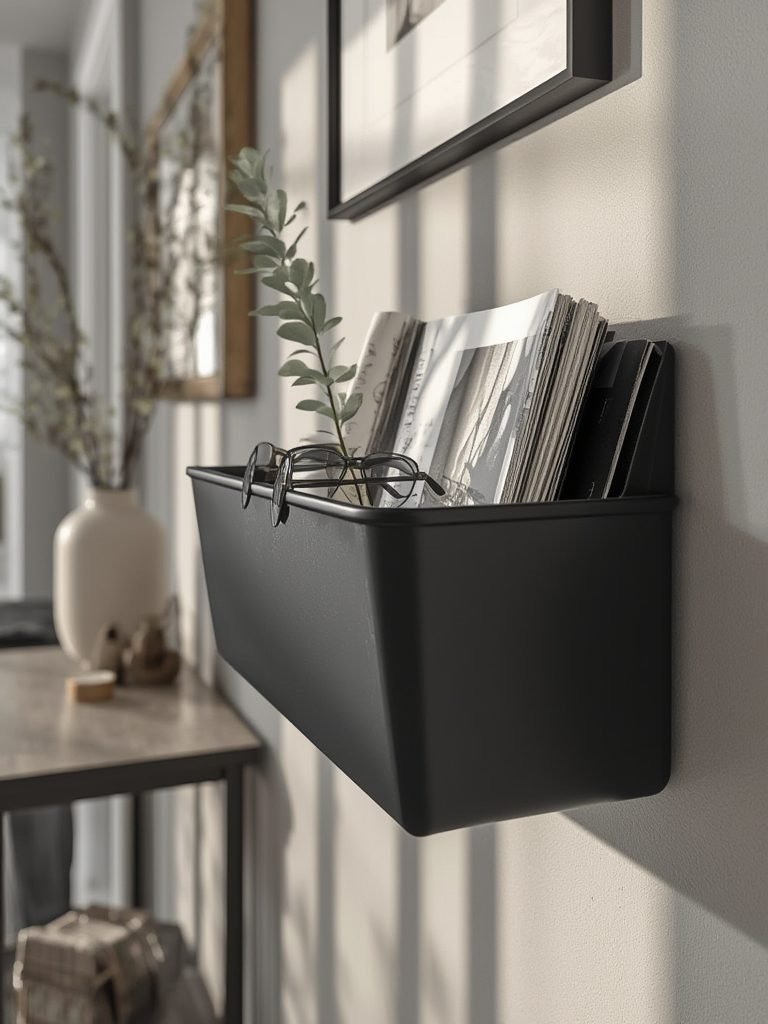 small wire wall basket mounted in kitchen